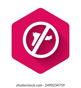 White No war icon isolated with long shadow background. The peace symbol. Pink hexagon button. Vector