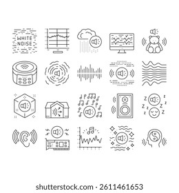 White Noise Hearing Collection Icons Set Vector. Speaker Dynamic And Audio Card, Relaxation And Music For Sleep, Rain Noise And Sound Black Contour Illustrations