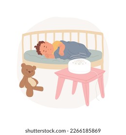 White noise machine isolated cartoon vector illustration. Newborn sleeping near white noise sound machine, sleep soothing sound for baby, kids bedtime gadget, sleep hygiene vector cartoon.