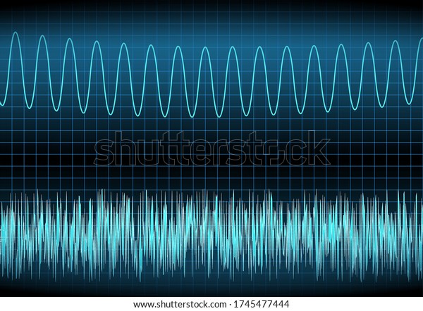 White noise and sine wave on the\
oscilloscope. The voltage waveform. A sound wave of light on a dark\
background. Turquoise color. Stock vector\
illustration.