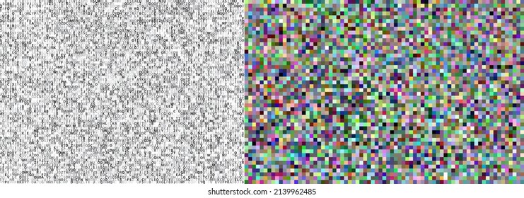 White Noise Texture Set. Static Interference Grunge Vector Background. TV Screen No Signal. Pixel Style.
