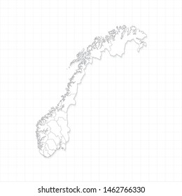 White Norway Map And Grid Vector. Thin Gray Outline On White Background. EPS10.