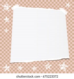 White note, notebook, copybook paper stuck with sticky tape on brown squared background with stars..