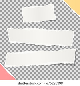 White note, notebook, copybook paper strips stuck on grey squared background.