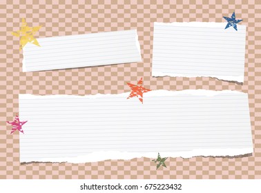 White note, notebook, copybook paper strips stuck on brown squared background with colorful stars.