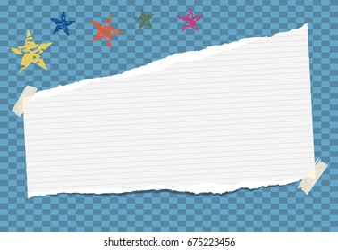 White note, notebook, copybook paper strip stuck on blue squared background.