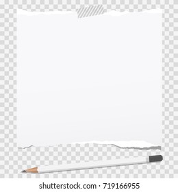 White note, notebook, copybook paper stuck on squared background with pencil.