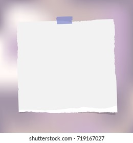 White note, notebook, copybook paper stuck with sticky tape on purple background.