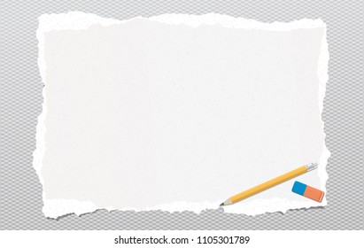 White note, notebook grainy paper with torn edges stuck on squared gray backgroud with pencil and eraser. Vector illustration.