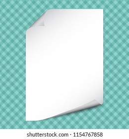 White note notebook paper with curled corners for text or advertising message on squared turquoise background