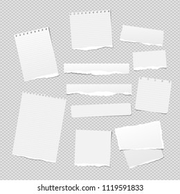 White note, notebook paper pieces with torn edges stuck on white squared backgroud. Vector illustration.