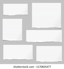 White note, notebook paper pieces with torn edge stuck on gray squared backgroud. Vector illustration.