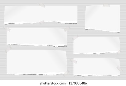 White note, notebook paper pieces with torn edge stuck on gray lined backgroud. Vector illustration.