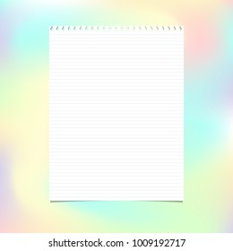 White note, notebook paper sheet for text stuck on pastel holographic background