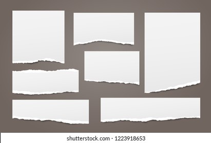 White note, notebook paper strips with torn edges stuck on dark brown background. Vector illustration.