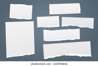 White note, notebook paper strips with torn edges stuck on dark blue background. Vector illustration.