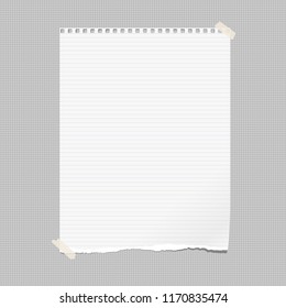 White note, notebook paper with torn edge stuck on gray squared backgroud. Vector illustration.