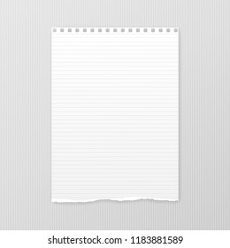 White note, notebook paper with torn edge stuck on gray squared backgroud. Vector illustration.