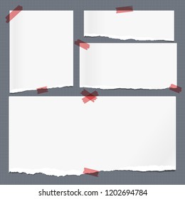 White note, notebook paper with torn edges stuck with red sticky tape on dark squared gray background. Vector illustration.