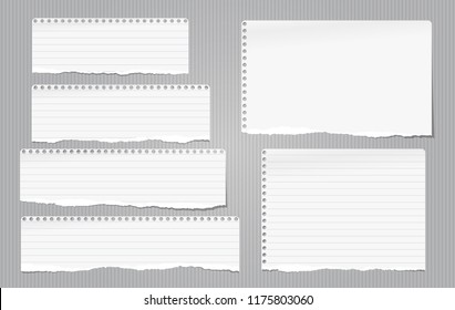 White note, notebook torn paper strips with torn edges stuck on gray lined backgroud. Vector illustration.