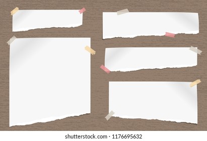 White note, notebook torn paper pieces with torn edges stuck on gray spotted backgroud. Vector illustration.