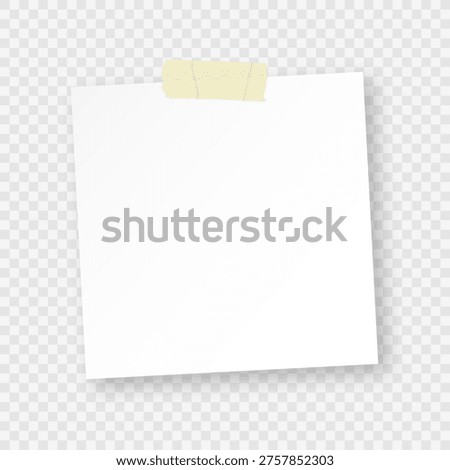 White note paper with adhesive tape. Blank sheet or sticky note isolated on transparent background. Design element for reminders, task management, and organization. Vector