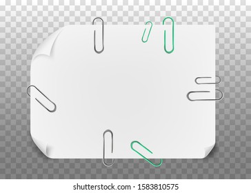 White note paper attached with paperclips or office messages page, realistic vector illustration isolated on transparent background. Blank note pad sheet mockup.
