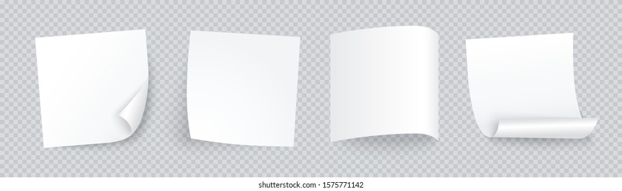 White note paper collection isolated with different shadows, post sheet of paper set. Vector sticker template in realistic style.