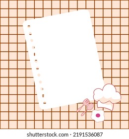 White note paper on a brown to cream color background. A sheet of notebook paper place on brown checker background with chef hat, star egg, spoon and fork. Vector illustration, flat style.