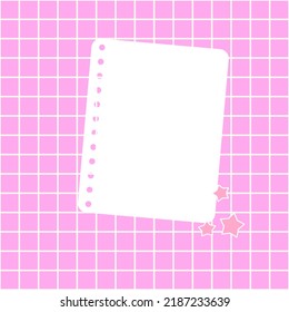 White note paper on a pink background. A sheet of notebook paper place on pink checker background with little star. Vector illustration, flat style.