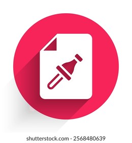 White Note paper with pinned pushbutton icon isolated with long shadow background. Memo paper sign. Red circle button. Vector