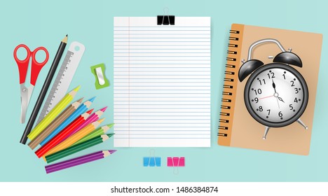 White note paper with space for text with school supplies on green background, Back to school concept . Vector illustration