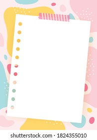 White note paper stick with cute masking tape on abstract free form colorful pastel background. Blank paper with cute sweet color tape.