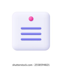 White note paper or sticker with a push pin, thumbtack. Business and office concept. 3d vector icon. Cartoon minimal style.