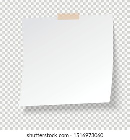 Weißnotenpapier mit Klebeband auf transparentem Hintergrund. Leere Seite. 
