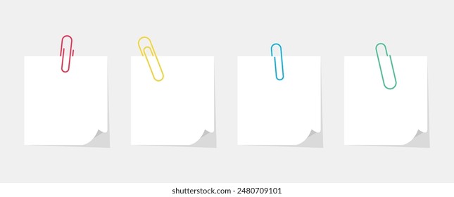 white note papers curled corners clip isolated white background 