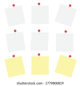 White note papers with thumbtacks vector icons. Blank paper notices