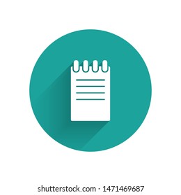 White Notebook icon isolated with long shadow. Spiral notepad icon. School notebook. Writing pad. Diary for business. Notebook cover design. Green circle button. Vector Illustration