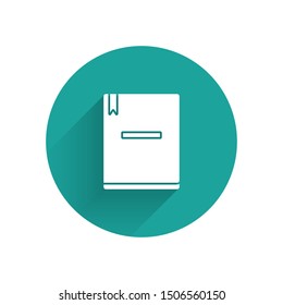 White Notebook icon isolated with long shadow. Spiral notepad icon. School notebook. Writing pad. Diary for school. Green circle button. Vector Illustration