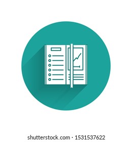 White Notebook icon isolated with long shadow. Spiral notepad icon. Writing pad. Diary for business. Notebook cover design. Green circle button. Vector Illustration