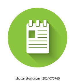 White Notebook icon isolated with long shadow. Spiral notepad icon. School notebook. Writing pad. Diary for school. Green circle button. Vector Illustration