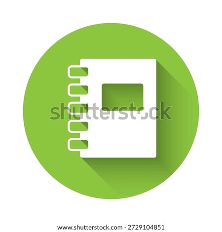 White Notebook icon isolated with long shadow. Spiral notepad icon. School notebook. Writing pad. Diary for school. Green circle button. Vector