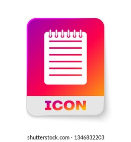 White Notebook icon isolated on white background. Spiral notepad icon. Writing pad. Diary for business. Notebook cover design. Office stationery items. Rectangle color button. Vector Illustration