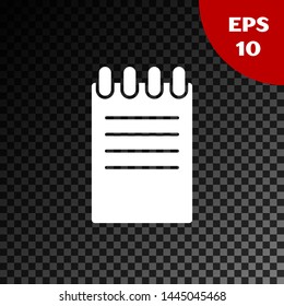 White Notebook icon isolated on transparent dark background. Spiral notepad icon. School notebook. Writing pad. Diary for business. Notebook cover design.  Vector Illustration