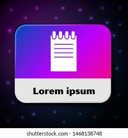 White Notebook icon isolated on black background. Spiral notepad icon. School notebook. Writing pad. Diary for business. Notebook cover design. Rectangle color button. Vector Illustration