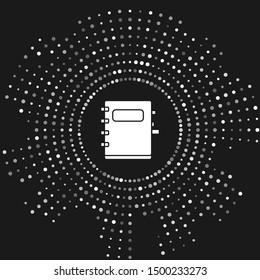 White Notebook icon isolated on grey background. Spiral notepad icon. School notebook. Writing pad. Diary for school. Abstract circle random dots. Vector Illustration
