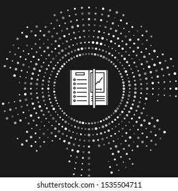 White Notebook icon isolated on grey background. Spiral notepad icon. Writing pad. Diary for business. Notebook cover design. Abstract circle random dots. Vector Illustration