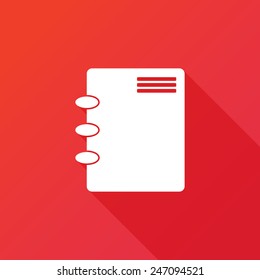 White notebook icon, isolated on red background. Modern design flat style icon with long shadow effect