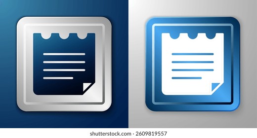White Notebook icon isolated on blue and grey background. Spiral notepad icon. School notebook. Writing pad. Diary for school. Silver and blue square button. Vector