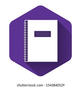 White Notebook icon with long shadow. Spiral notepad icon. School notebook. Writing pad. Diary for business. Notebook cover design. Office stationery items. Purple hexagon button. Vector Illustration